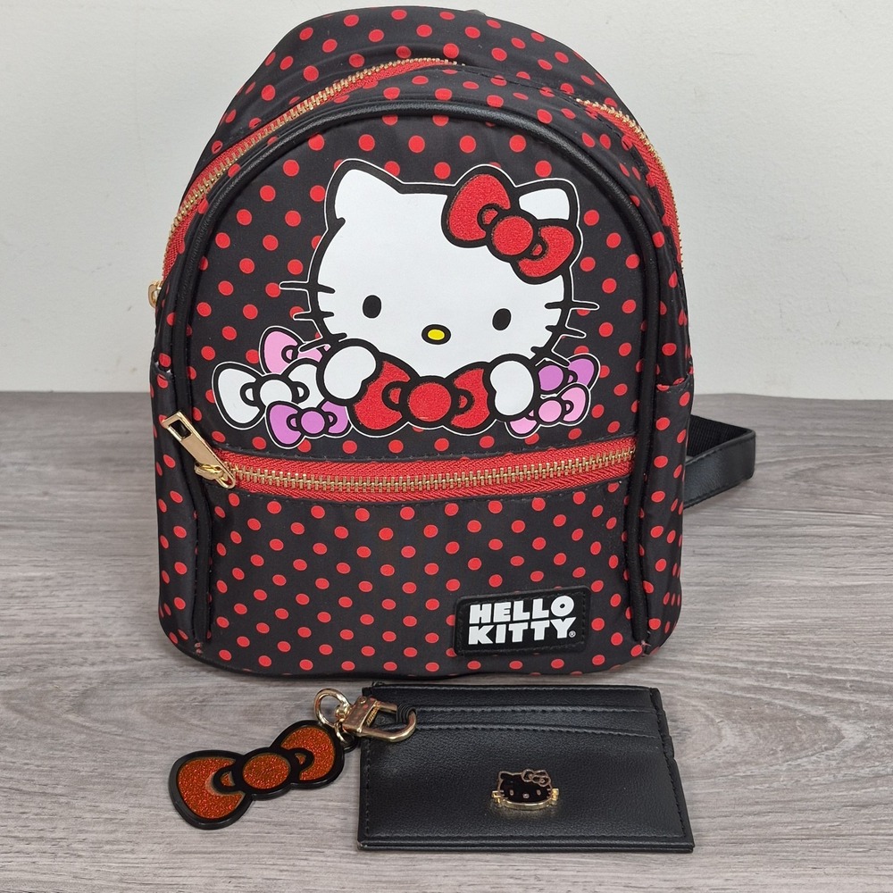 Sanrio Loungefly Hello Kitty Mini Backpack ID Wallet Black Red Dots Pink Bows